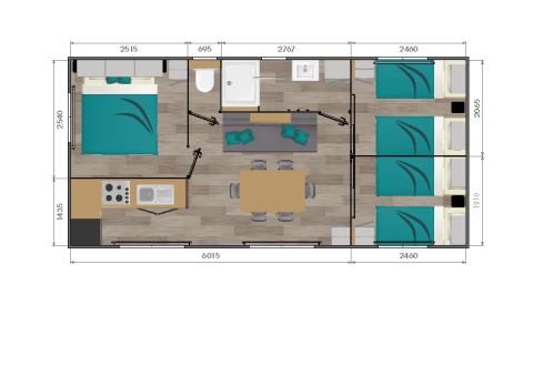 Floor plan of a Premium Stacaravan with 3 bedrooms at Flower Camping Monplaisir in France.