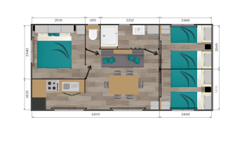 Plano de una Premium Stacaravan de 3 dormitorios en Flower Camping Monplaisir, Francia.