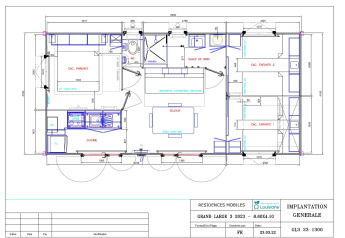 Plano de la caravana Premium Stacaravan con 3 dormitorios en Flower Camping Monplaisir, Francia, diseño detallado.