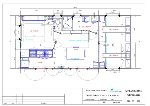 Planimetria della Premium Stacaravan con 3 camere da letto al Flower Camping Monplaisir, Francia, layout dettagliato.
