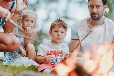 Gezin geniet van een kampvuur en roostert marshmallows op Wilsumer Berge vakantiepark in Duitsland.