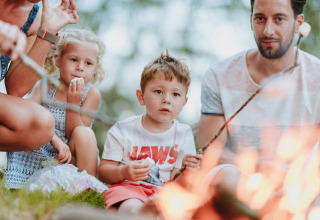 Gezin geniet van een kampvuur en roostert marshmallows op Wilsumer Berge vakantiepark in Duitsland.