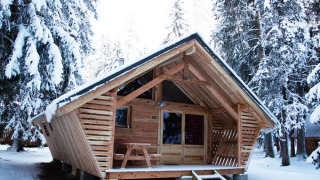 Houten chalet Chalet Montana Vista omringd door met sneeuw bedekte bomen in een rustige bosrijke omgeving.