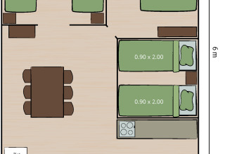 Plano de la tienda Safaritent Lodge en Camping Cikat, Croacia, con camas, muebles y dimensiones.