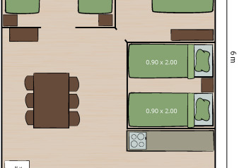 Plano de la tienda Safaritent Lodge en Camping Cikat, Croacia, con camas, muebles y dimensiones.