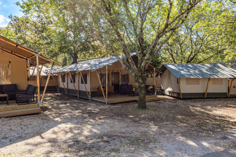Tente safari Lodge au Camping Cikat en Croatie, entourée d’arbres et d’espaces détente extérieurs.