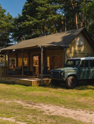 Safaritent overzicht met truck - Wilsumer Berge - Wilsum, Nedersaksen, Duitsland