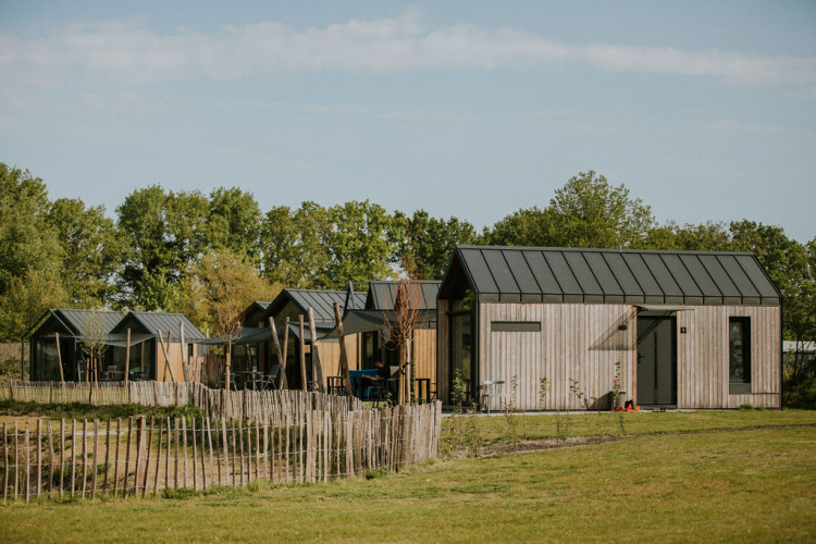 Casas de madera pequeñas en Camping Si-Es-An en los Países Bajos, rodeadas de césped y árboles.