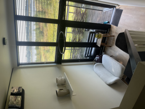 Lichte, moderne woonkamer in een tiny house op Holiday park Eigen Wijze in Nederland, gezellig ingericht.