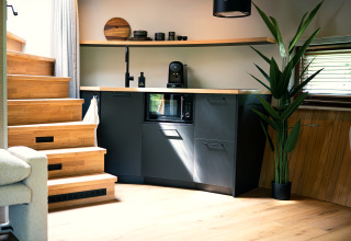 Modern tiny house kitchenette with black cabinets, wood stairs, large plant and sunlight at Den Blanken.