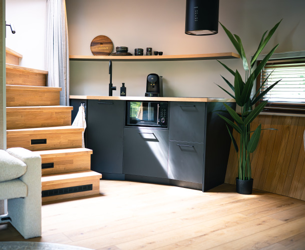 Pequeña cocina moderna con escalera de madera, electrodomésticos y planta grande en The Nutshell, Países Bajos.