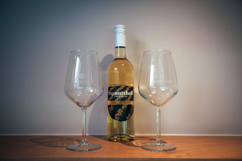 A bottle of white wine with two wine glasses on a shelf in a tiny house called The Nutshell in the Netherlands.