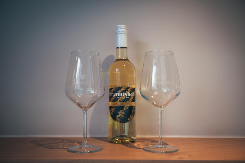 Een fles witte wijn met twee wijnglazen op een plank in een tiny house The Nutshell in Nederland.