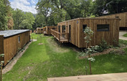 Foto van moderne houten lodges omgeven door gras en bomen in een rustige, zonovergoten bosomgeving.