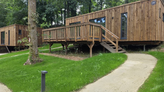 Moderne Blockhütten aus Holz im Wald, erhöht gebaut mit großer Terrasse und umgeben von viel Grün.