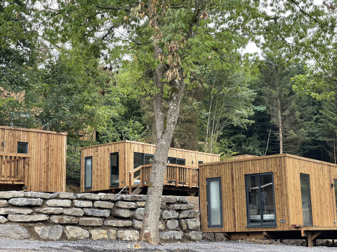Modern wooden lodge cabins set on a wooded hillside, surrounded by lush green trees and stone walls.