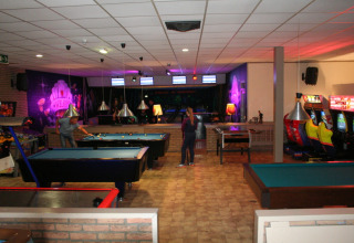 Fritidsområde i Recreatiepark de Scherpenhof med poolborde, spillemaskiner og bowlingbaner i Gelderland.