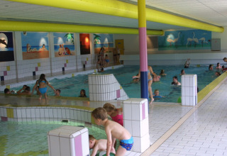 Børn leger i en indendørs swimmingpool med malede vægmalerier på Recreatiepark de Scherpenhof i Gelderland.