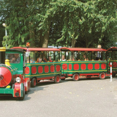 Børnetog kører gennem træfyldt område i Recreatiepark de Scherpenhof, Gelderland, Holland.