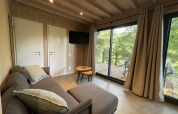 Gemütliches Lodge-Wohnzimmer mit Sofa, Couchtisch, TV und Zugang zur Terrasse mit Waldblick.