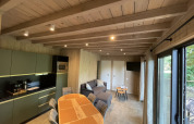 Cozy lodge interior with wooden ceiling, modern kitchen, dining table, sofa, and large patio windows.