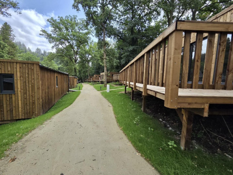 Foto einer gemütlichen Lodge mit Holzbungalows und Wegen, umgeben von grünen Bäumen und Natur.