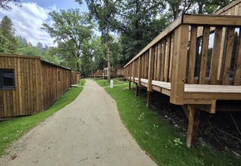 Photo of a cozy lodge with wooden cabins and raised decks, set along a path surrounded by lush trees.
