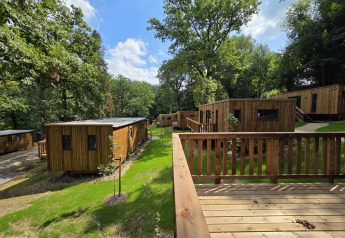 Houten chalets te midden van groen bij Cocoon de la Semois, Hameau de la Semois, België, omgeven door bomen.