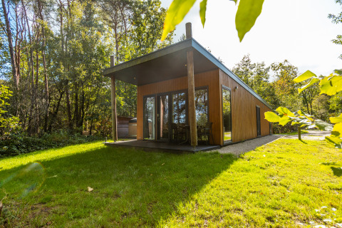 Moderne wellnesslodge in hout met overdekt terras, omgeven door groen in Vakantiepark De Wiltzangh.