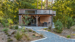 Tiny Borg wooden tiny house with front terrace, nestled in a forest with a gravel path leading to it.