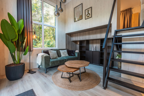 Salon moderne de Tiny Borg avec canapé vert, grandes fenêtres, plante d'intérieur et mezzanine, Pays-Bas.