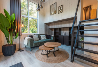 Modern Tiny Borg tiny house living room with green sofa, large windows, indoor plant, and loft, Netherlands.