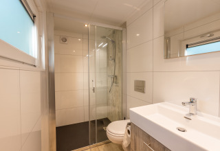 Modernes, kleines Badezimmer mit Dusche, WC und Waschbecken im Tiny Borg auf dem Vakantiepark De Wiltzangh.