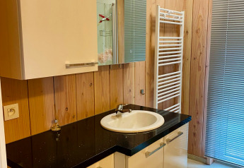 Baño en un chalet del Familiepark Goolderheide, Bélgica, con paneles de madera y lavabo moderno.