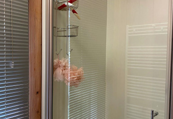 Cabina de ducha con puerta de vidrio, cesta de almacenamiento y esponja rosa, persianas reflejadas detrás.