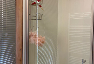 Cabina doccia con porta in vetro, cestino portaoggetti e spugna rosa, persiane riflesse sullo sfondo.
