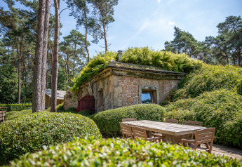 Hobbit hus med græs på taget og træmøbler udenfor, omgivet af buske i Familiepark Goolderheide, Belgien.