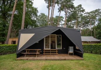 Safari Cooc tent deluxe in Familiepark Goolderheide, België, met houten terras, picknickbank en bosrijke omgeving.
