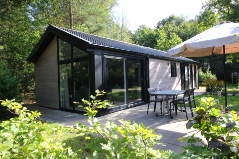 Buitenterras bij Velthorst Hottub lodge met tafel, stoelen, parasol en veel groen eromheen.