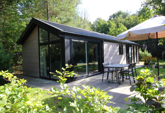 Buitenterras bij Velthorst Hottub lodge met tafel, stoelen, parasol en veel groen eromheen.