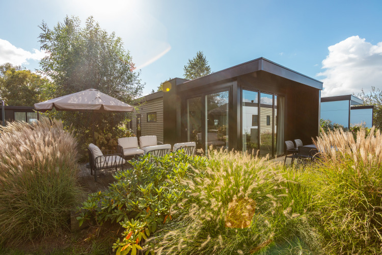 Außenbereich der Vakantiechalet Comfort+ Lodge mit Terrasse, Gartenmöbeln und Ziergräsern im Sonnenlicht.