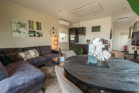 Moderne stue og køkken i en komfortabel lodge på Vakantiepark De Wiedense Meren i Holland, hyggelig indretning.