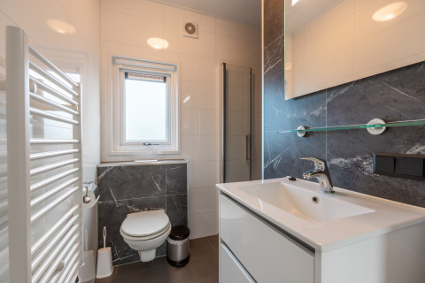 Bagno moderno con wc sospeso, lavabo, doccia e finestra presso Vakantiechalet comfort+ nei Paesi Bassi.