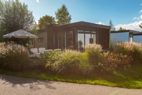 Lodge moderno tra verde al Vakantiechalet comfort+ del Vakantiepark De Wiedense Meren, Paesi Bassi.
