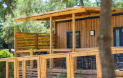 Glamping accommodation with a wooden exterior, covered deck, and outdoor seating nestled in a forest setting.