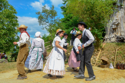 Groep mensen in traditionele kleding danst buiten tijdens een folkloristisch feest in Occitanie, Frankrijk.