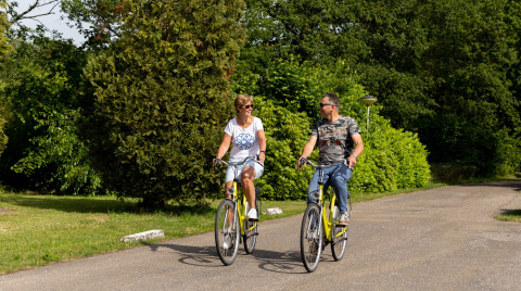 Twee mensen fietsen op een zonnige dag langs het groene pad van vakantiepark De Tien Heugten, Drenthe.