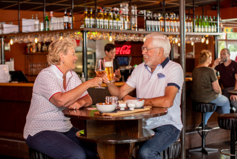 Twee senioren proosten met drankjes aan een tafel in een gezellig café in De Tien Heugten, Drenthe.