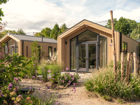 Tiny house moderne 'Tiny Lodge' avec jacuzzi au Veluwepark de Bosgraaf, entourée de plantes aux Pays-Bas.