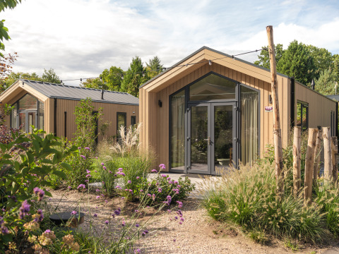 Moderna tiny house 'Tiny Lodge' con jacuzzi en Veluwepark de Bosgraaf, rodeada de vegetación en los Países Bajos.